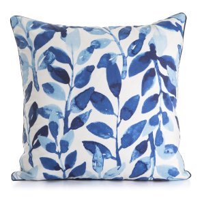 Pute hvit m/trykk av bl� blader 50x50cm