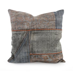 Putetrekk i tykk bomull h�ndmalt m/stikninger bl�/orange 50x50