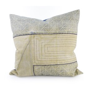 Putetrekk i tykk canvas h�ndmalt m/stikninger gul/bl� 60x60cm