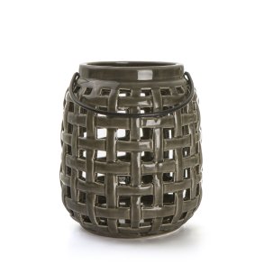 Lykt i porselen rutem�nster gr� H:14cm 