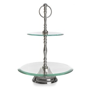 Etagefat glass 2 etager p� aluminiumsfot H:31cm