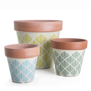 Potte s/3 i terracotta m/bladm�nster i gul/gr�nn/bl�