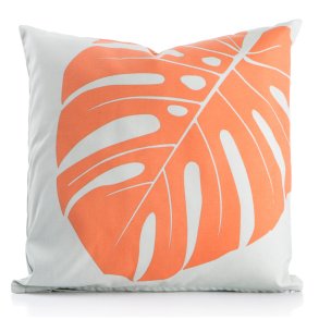 Pute gr� m/korall monstera blad 45x45